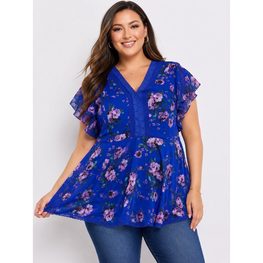 Torrid Blue Floral Lace Trim Babydoll Blouse Size 1 Boho Cottagecore